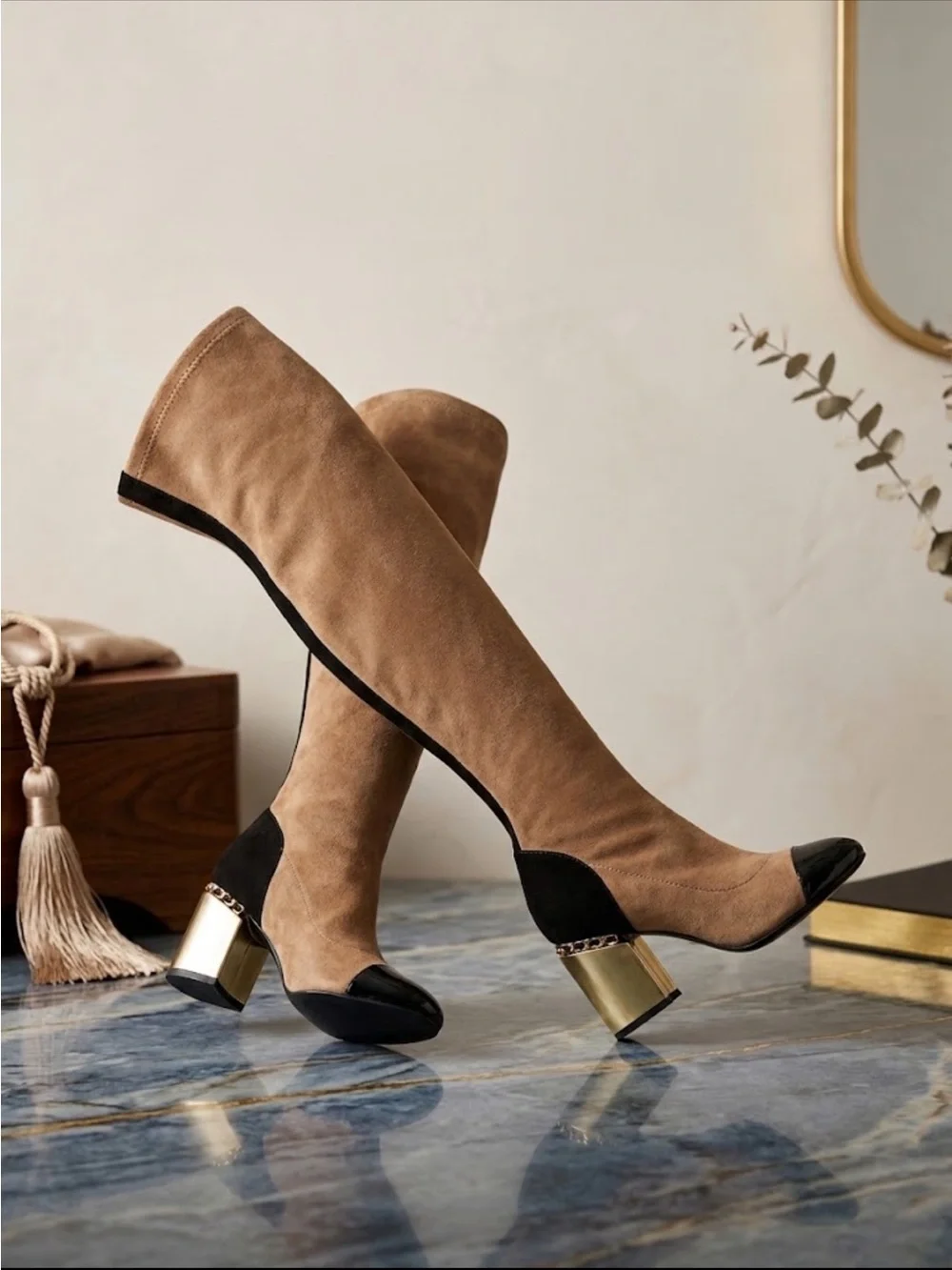 CHANEL Tan Suede Over-the-Knee Boots with Black Accents and Gold Block Heel