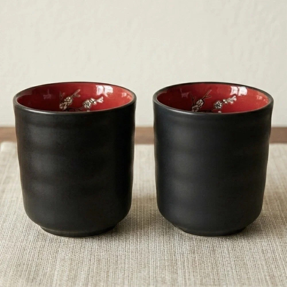 2 VISUN Sake Tea Cups Matte Black Red Floral Dogwood Branches Asian 3.25