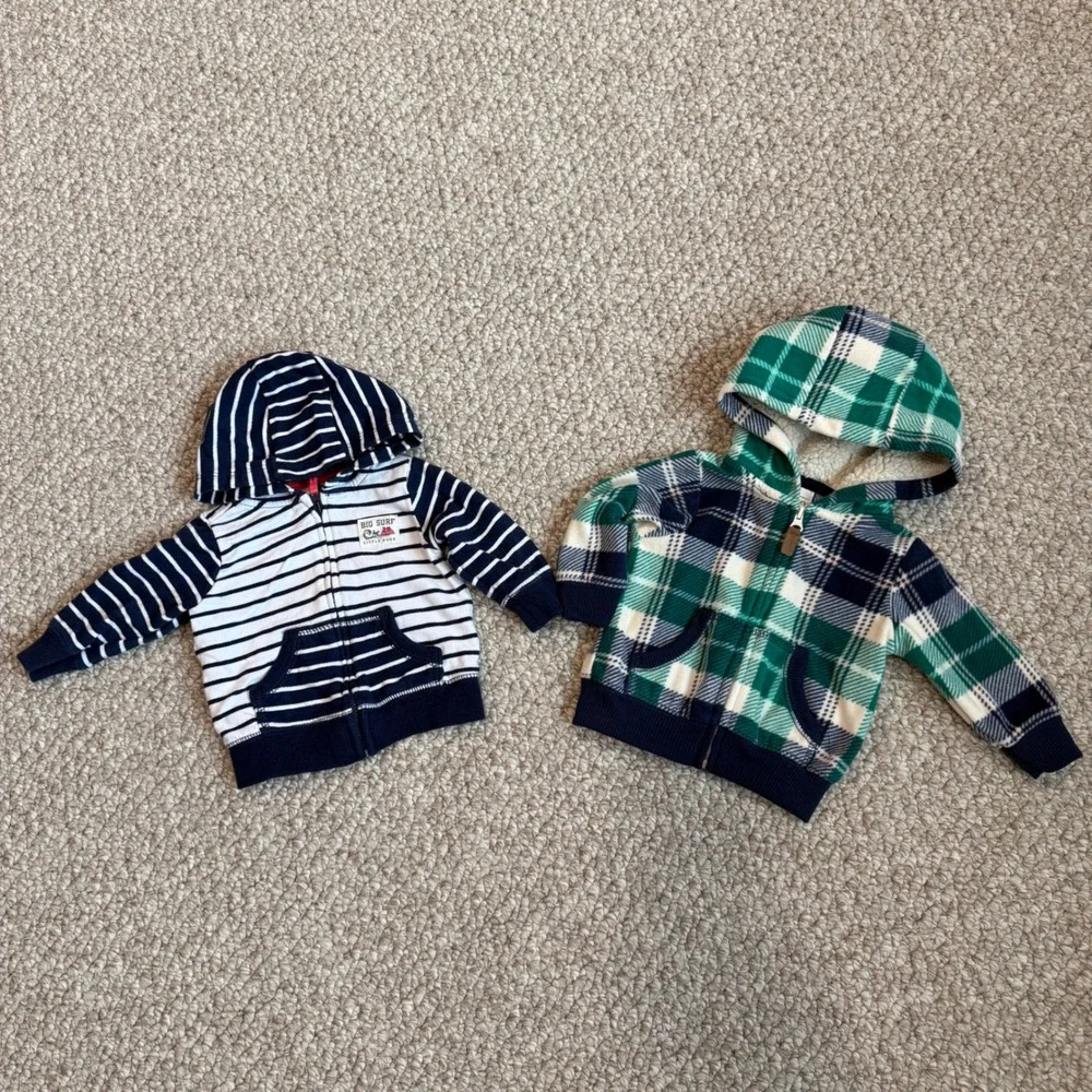 Carters Size 3 Month Baby Hoodies Stripes Plaid Bundle Zip Up Pockets Comfy‎