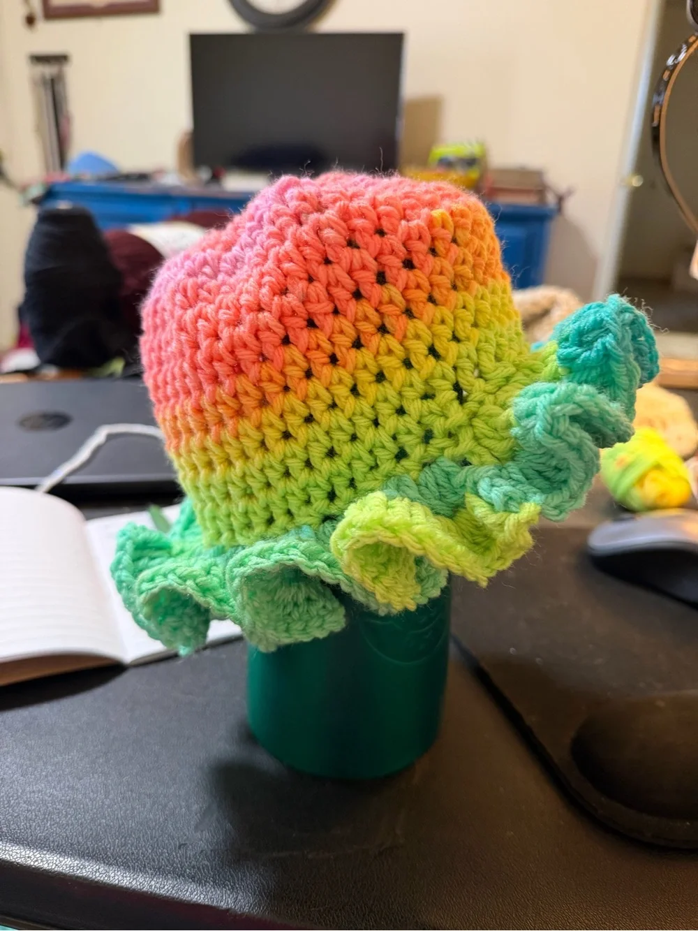 Handmade Kids Crochet Ruffle Sun Hat - Neon Coral to Lime Ombre