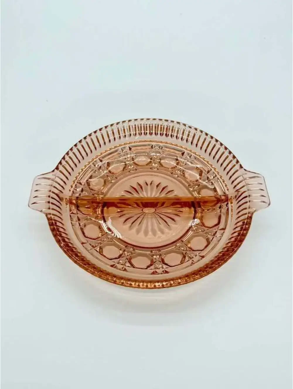 Indiana Glass Windsor Pink Cane Button Divided Relish Dish 7.25”