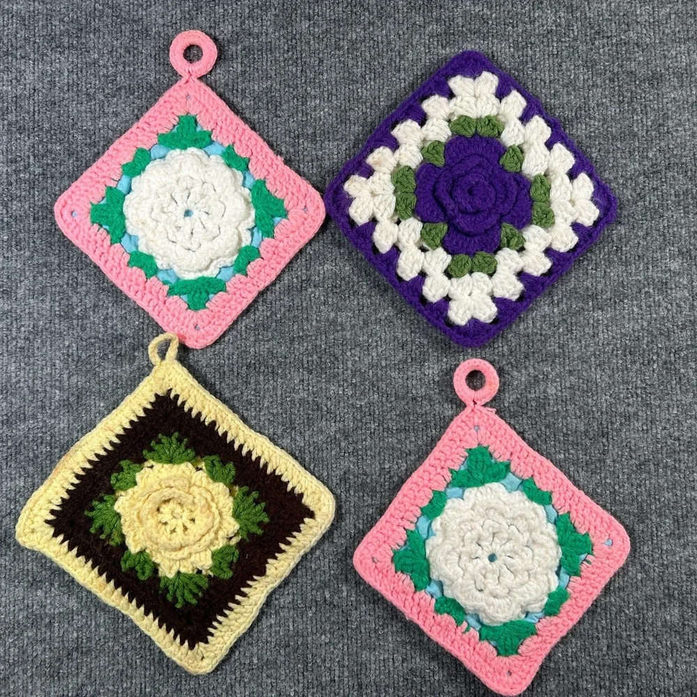 Vintage Set Of 4 Handmade Crocheted 3D Rose Potholders Irish Cabbage Grandmacore