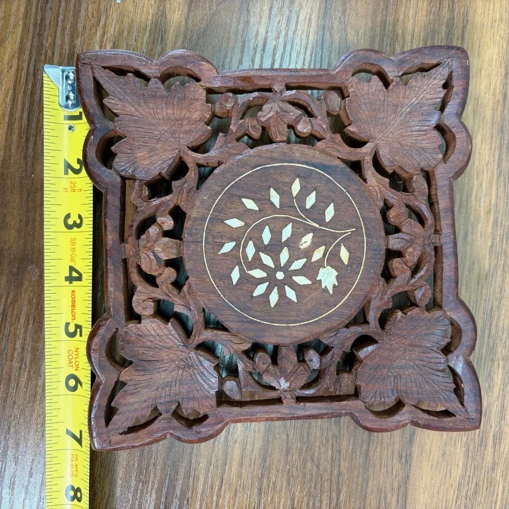Vintage Hand-carved Wooden Trivet Flowers Inlay Round Footed India 7
