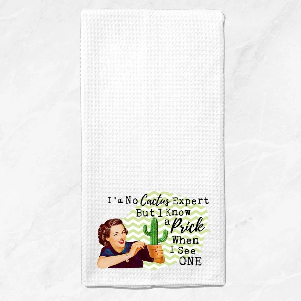 Funny Retro Waffle Weave Kitchen Towel I Know A Prick Cactus Humor White