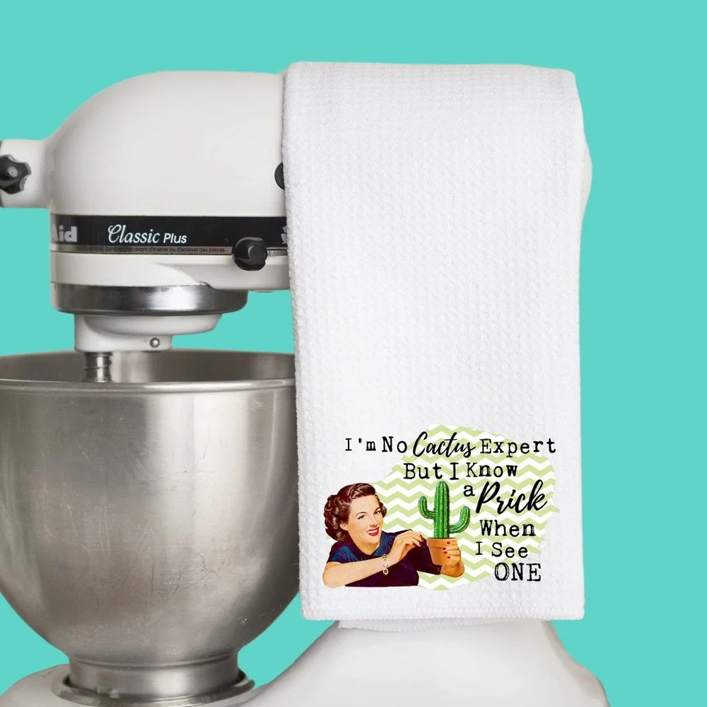 Funny Retro Waffle Weave Kitchen Towel I Know A Prick Cactus Humor White