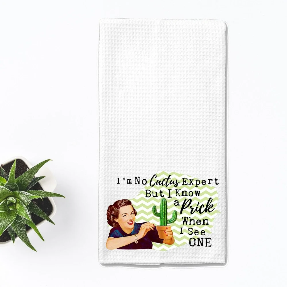 Funny Retro Waffle Weave Kitchen Towel I Know A Prick Cactus Humor White