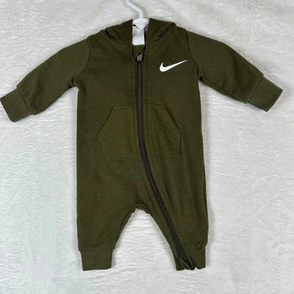 Nike Hooded Coverall Newborn Olive Green Full Zip Fleece Romper
