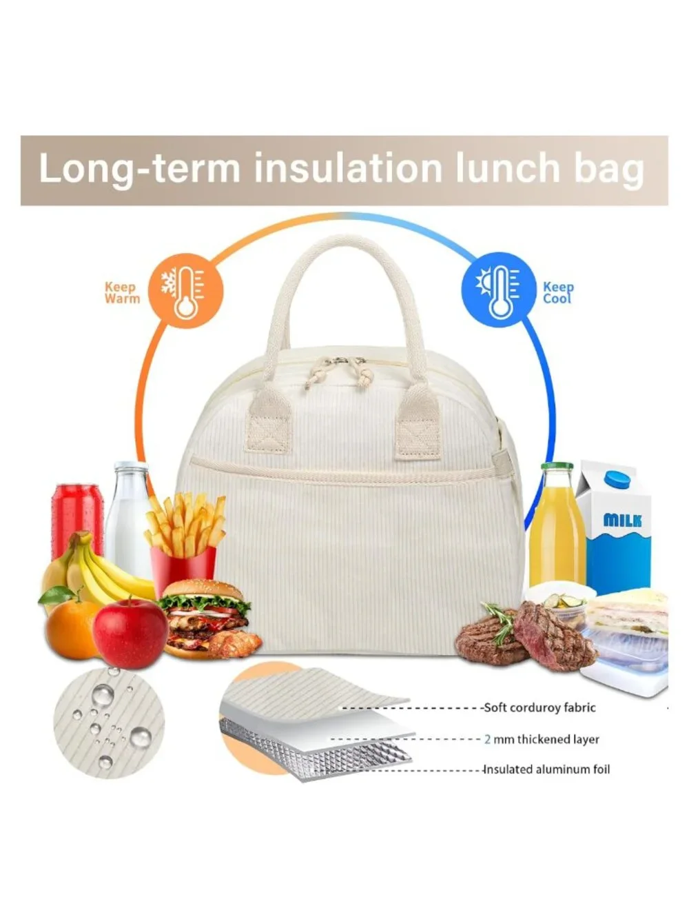 Insulated Corduroy Lunch Box Tote Bag for Women Large Capacity