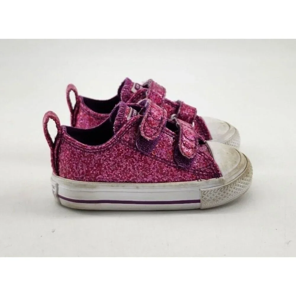 CONVERSE‎ All Star Girls Shoes Hook & Loop Pink Coated Canvas Glitter Size 4