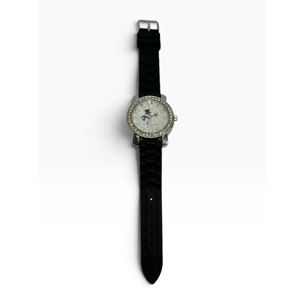 Snowman Watch Womens Black Silicone Band Rhinestone Bezel Holiday 933686