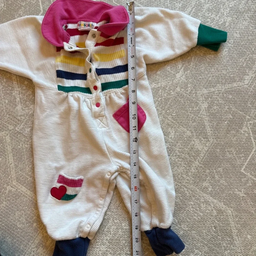 Vintage 90s Gymboree Romper Girld 6-12M White Rainbow Stripe Heart Ribbed Cotton