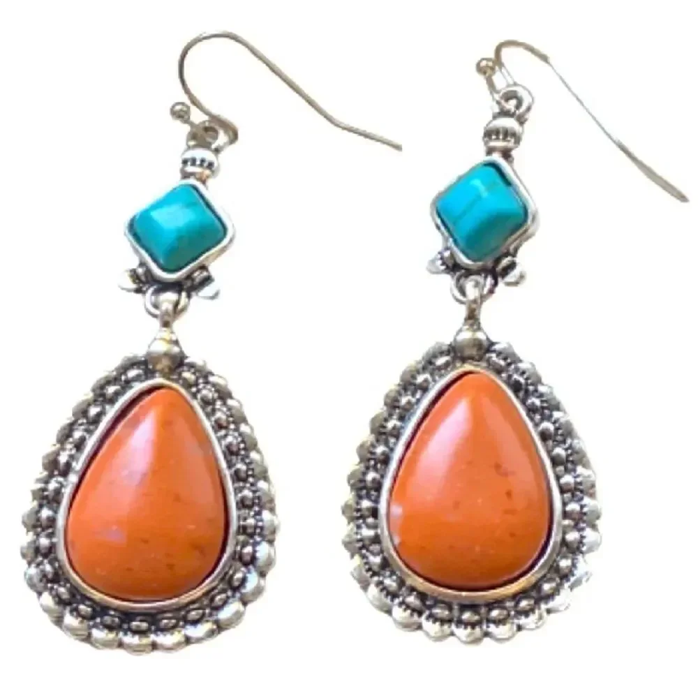 Men’s Western Native American Style Faux Turquoise, Coral & Silver Tone Earrings