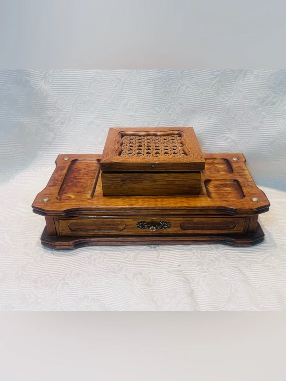Vtg Wood Jewelry Chest Box Dresser Top Trinket Wicker Retro Multiple Compartment