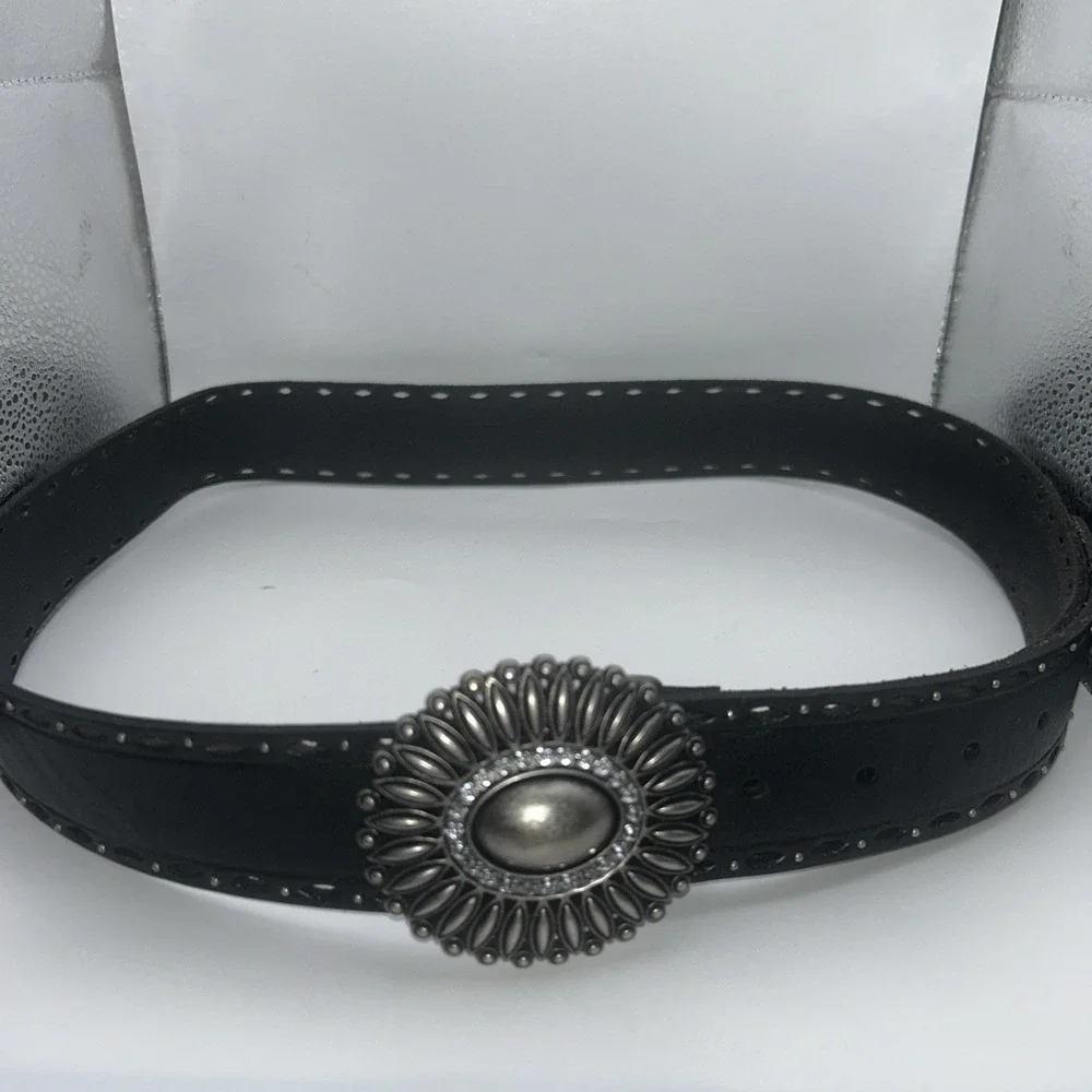 Fossil Genuine Leather Boho Southwestern Belt Bronze Rhinestone Buckle Black‎ L