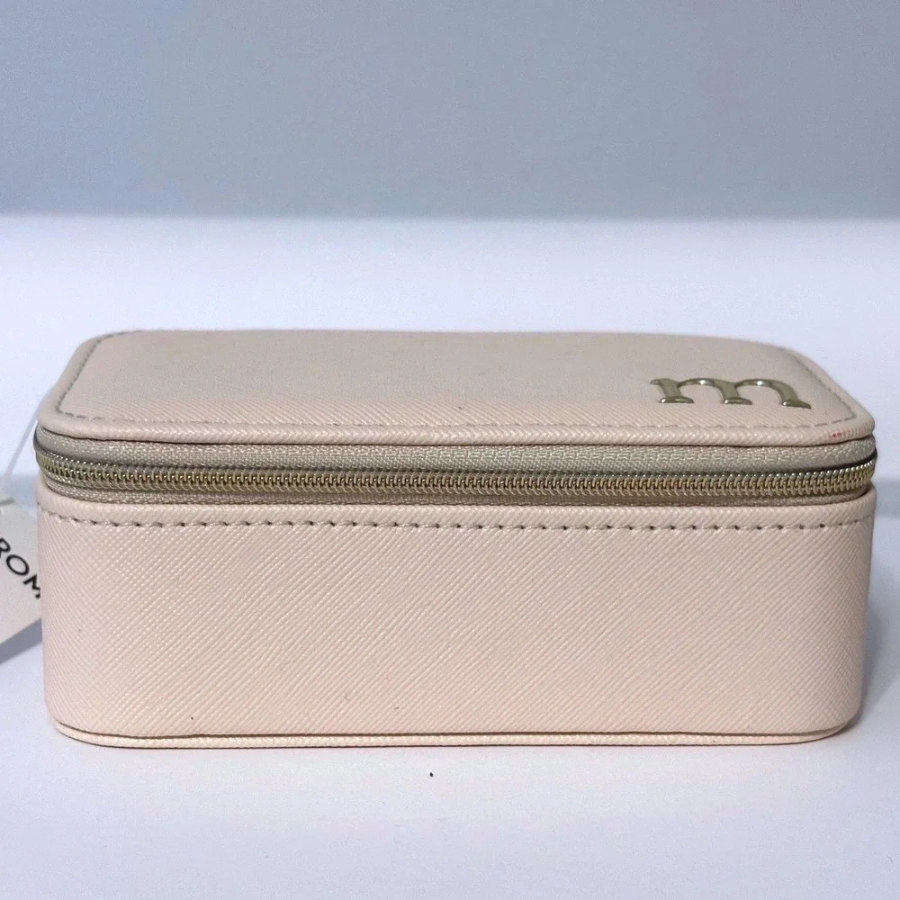 Nordstrom Initial m Travel Jewelry Case Cream‎ Saffiano Faux Leather Zip Box NEW