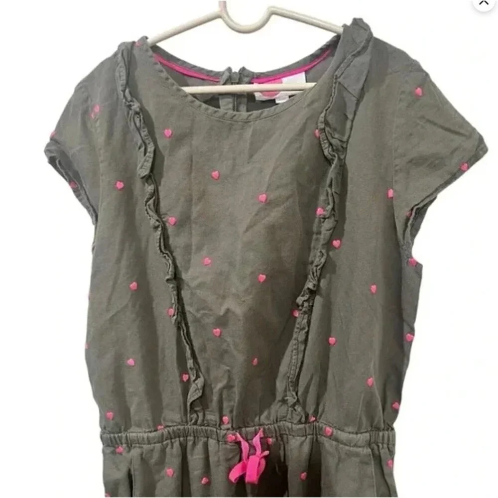 Girls Boden Gray Jumpsuit With Pink Hearts & Ruffle Details Size 13-14Y