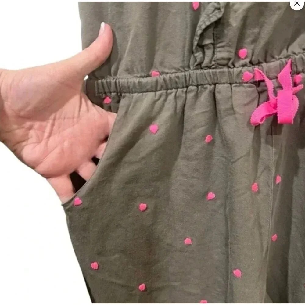 Girls Boden Gray Jumpsuit With Pink Hearts & Ruffle Details Size 13-14Y