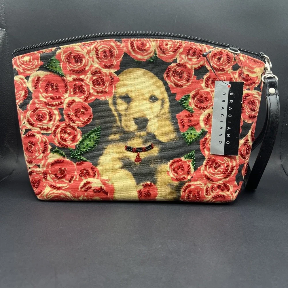 Vintage Y2K Braciano Golden‎ Retriever Puppy Cosmetic Bag Pink Sequin Rose