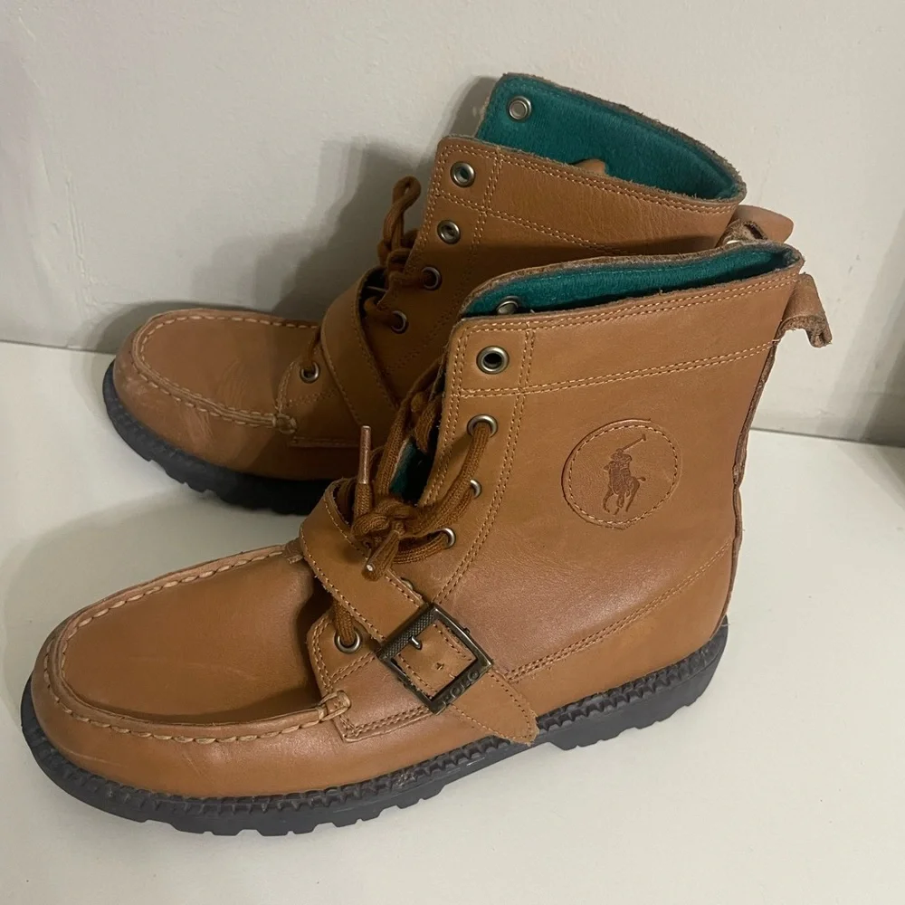 Ralph Lauren Tan Leather Ranger Buckled Lace up‎ Boots with Teal Lining Size 6