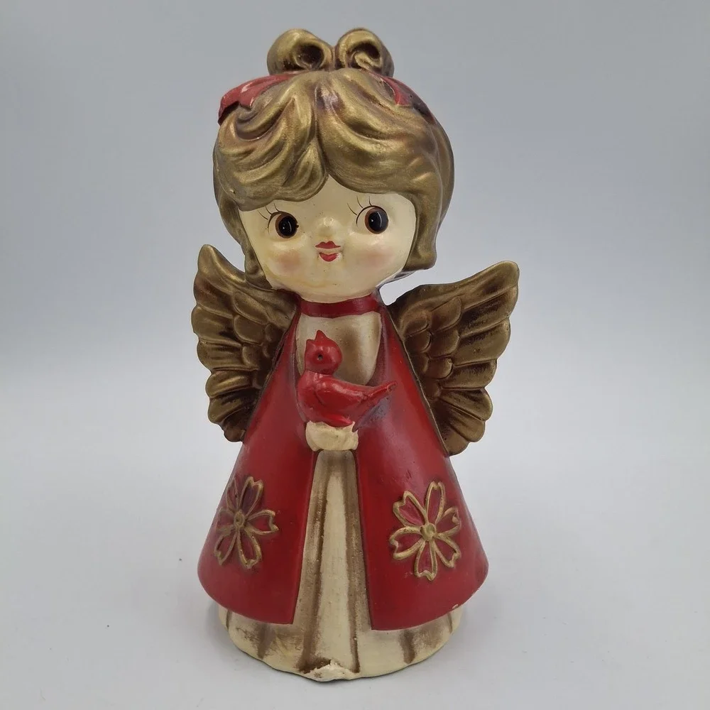 Vtg Christmas Angel Figurine Japan Mid Century‎ Red Gold Big Eye Girl Cardinal