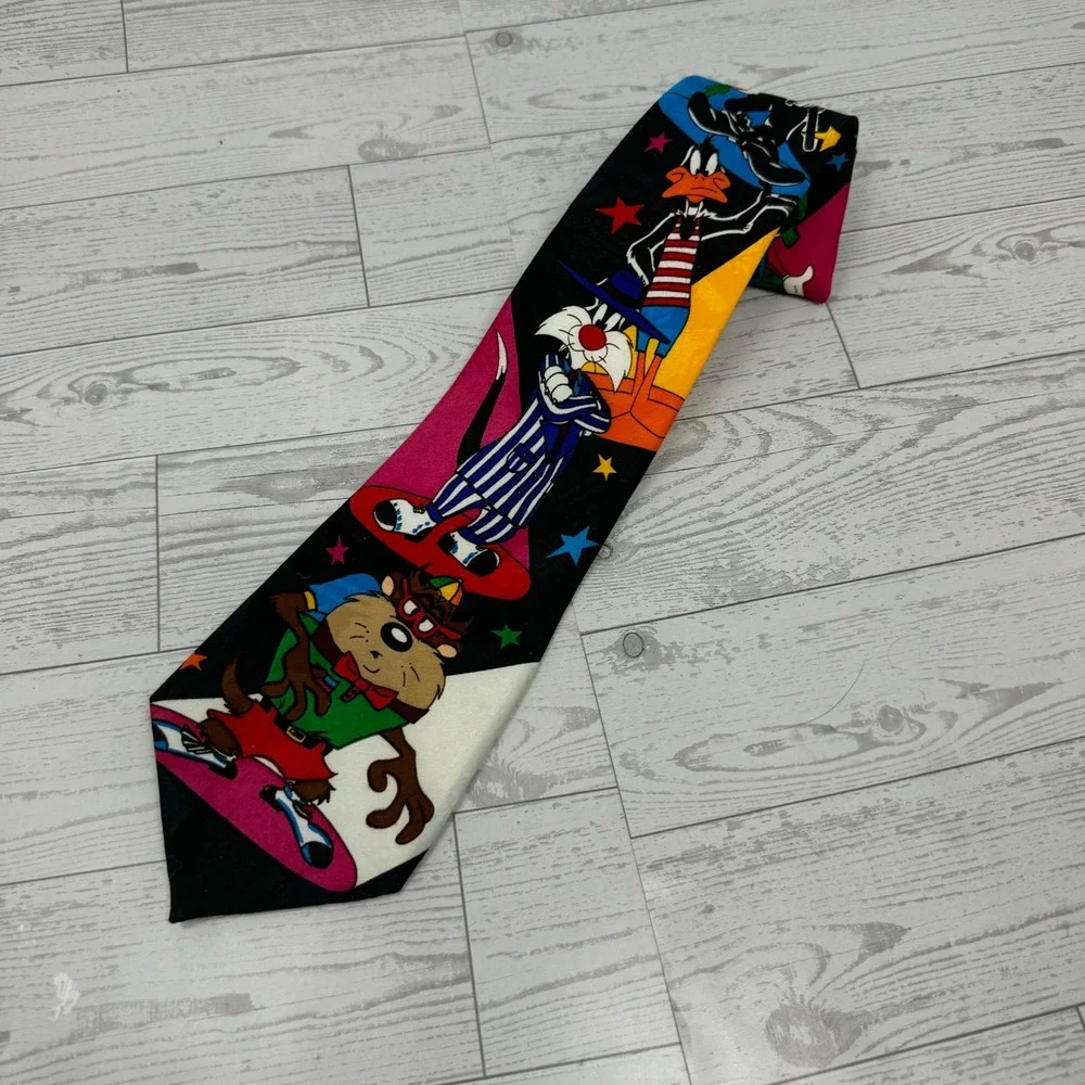 Looney Tunes Tie Men's Polyester‎ Black Cartoon Characters All Over Print VTG
