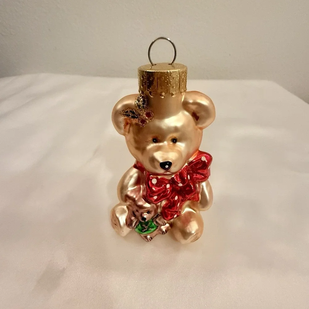 Inge Glass Hanging Ornament‎ Teddy Bear Rose Gold Mistletoe OWC Christmas