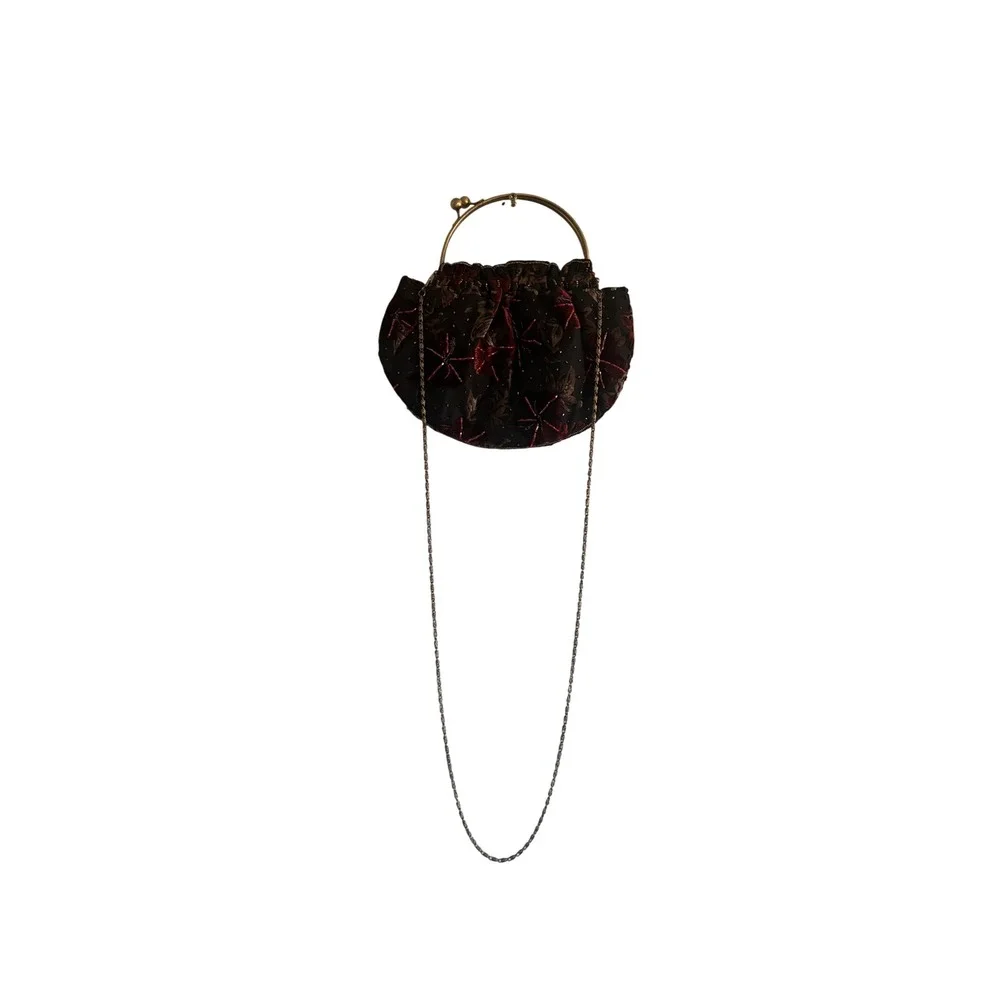 Vintage‎ Style Black Velvet Floral Beaded Evening Bag Red Flower Ring Handle