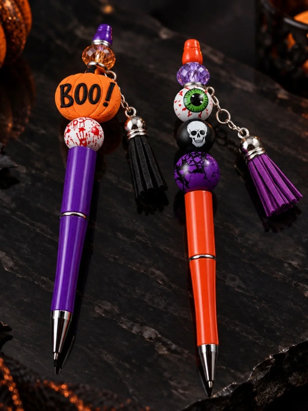 Halloween Handmade Pen Set — Purple & Orange Decorative Tassel Pens set of 2