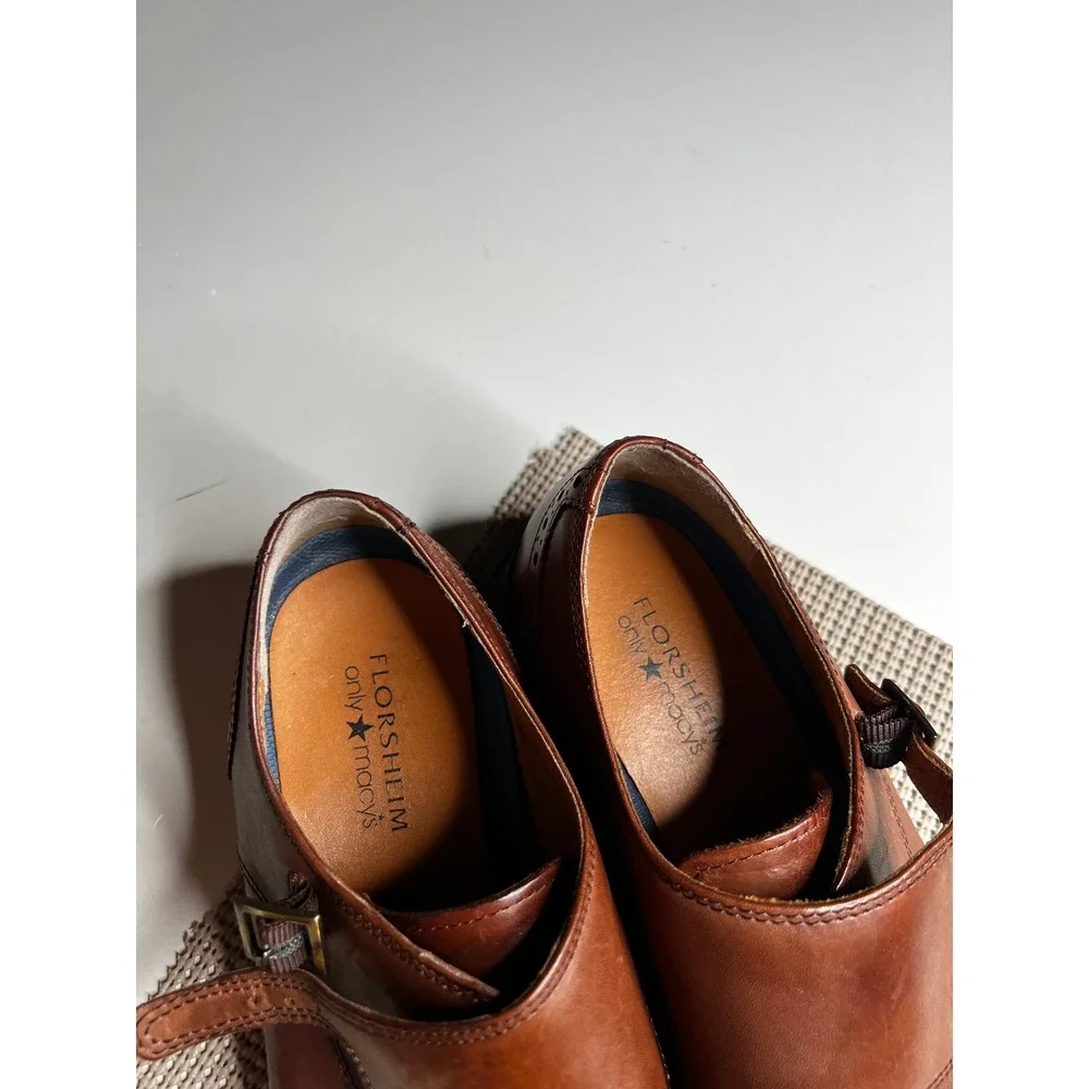 Florsheim Mens 9.5D Double Monk Strap Shoes Brown Leather Cap‎ Toe Brogue 11590
