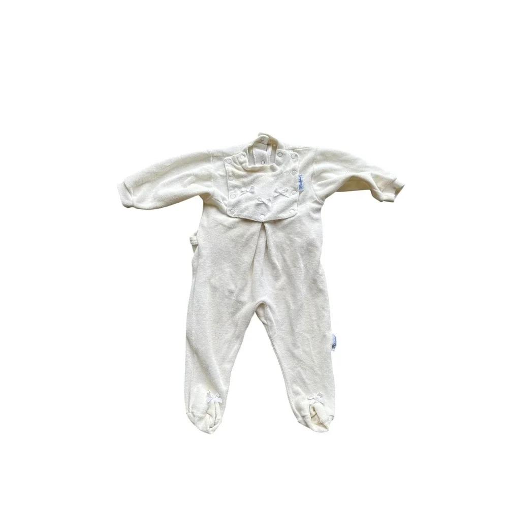 Patachou‎ White Terry Cloth Footed Sleeper Bib Front Bows Infant Baby