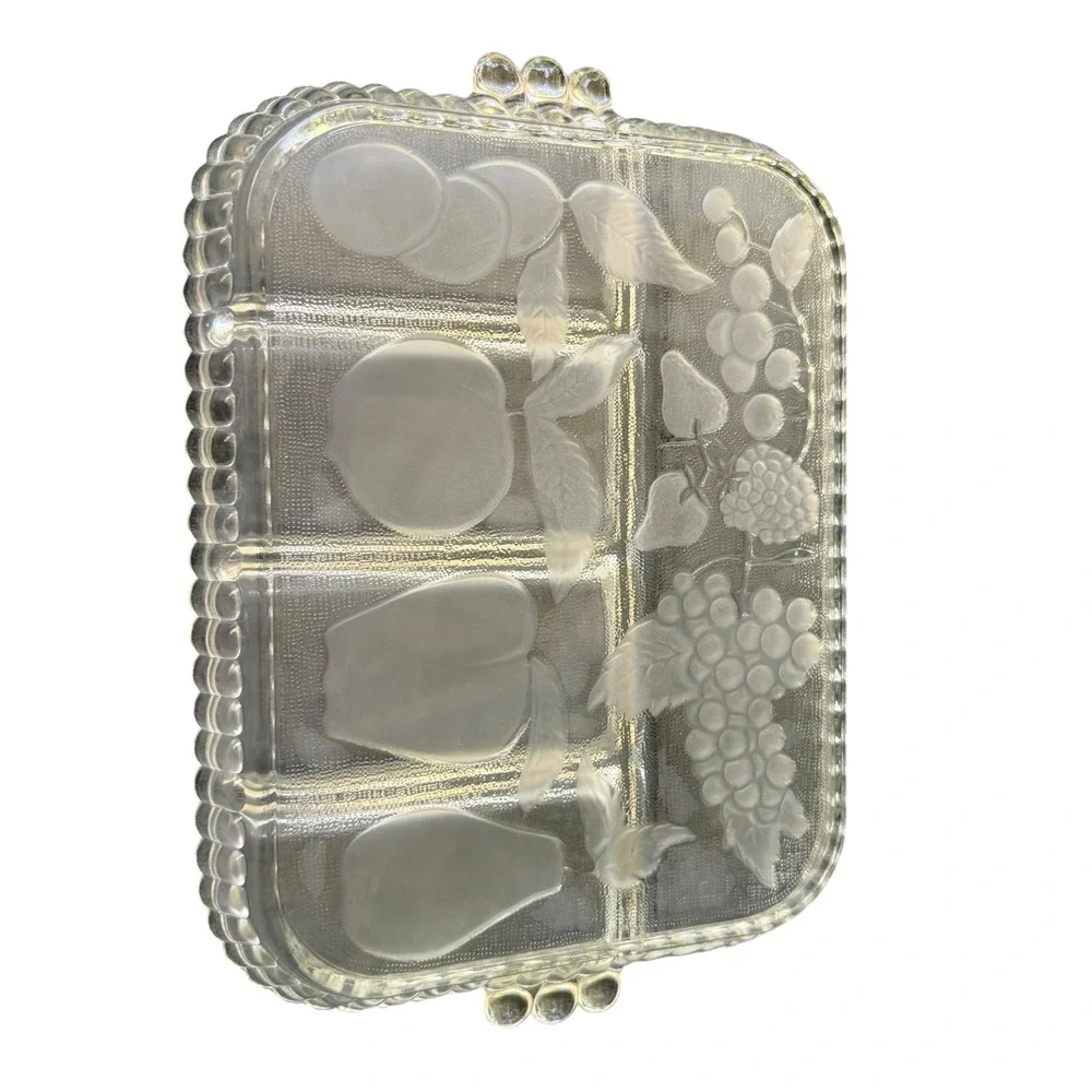 Satin‎ Frost Relish Tray Glass 12x9 Clear Excellent 5 Compartment Fruit Embossed