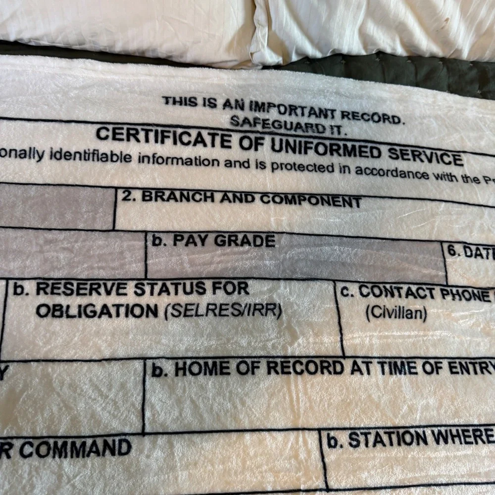 DD Form 214 Certificate of Uniformed Service Military Fleece Throw Blanket White