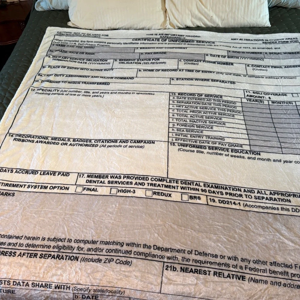 DD Form 214 Certificate of Uniformed Service Military Fleece Throw Blanket White