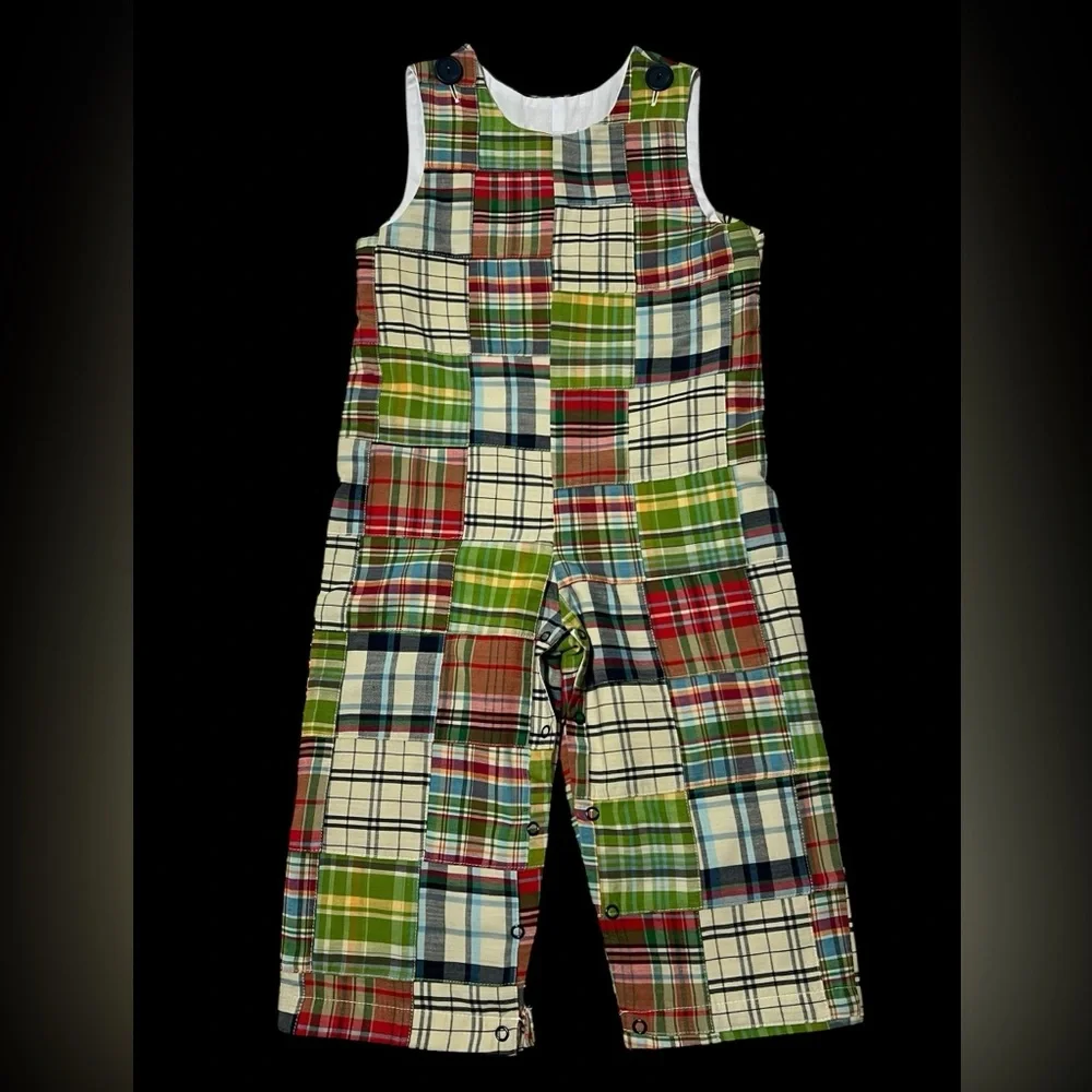 Kellys Kids Madras Jon Jon Size 3 Romper Patchwork Snap Legs Plaid Beach Unisex