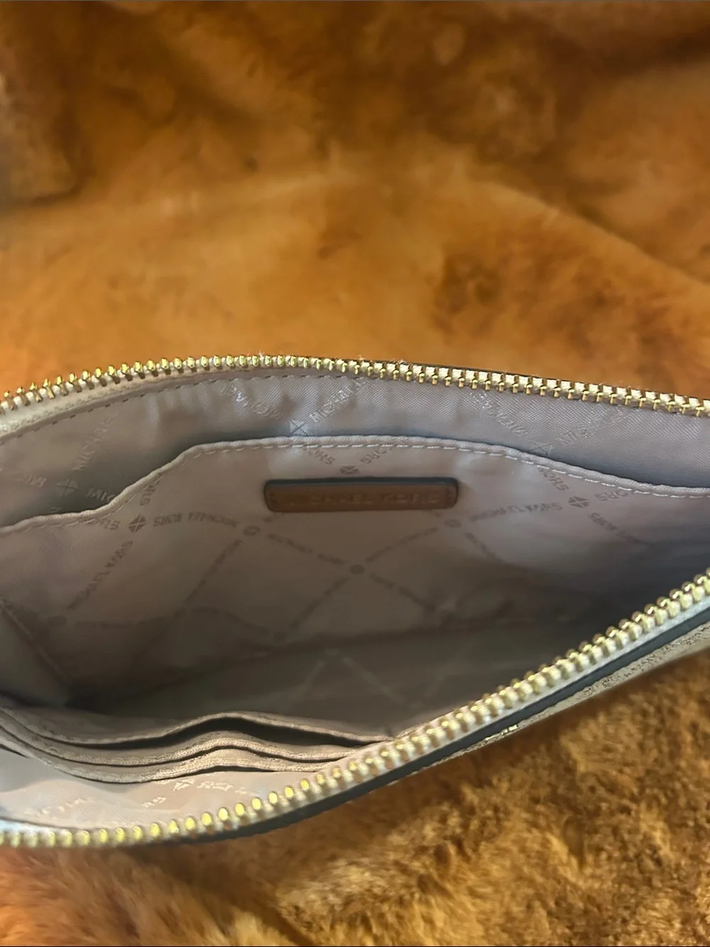 Michael Kors Logo Wristlet in Vanilla with Brown Trim