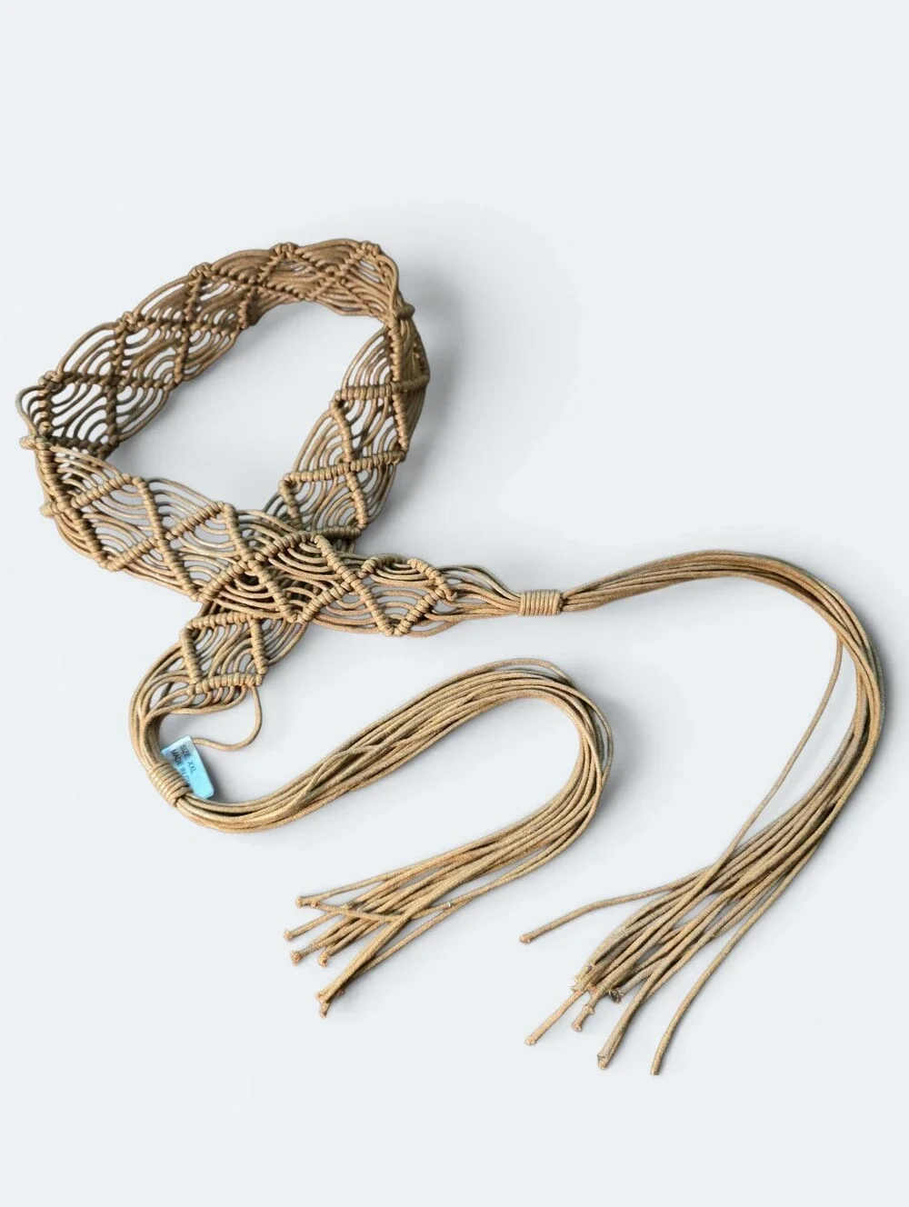 Boho Macramé Woven Tie Belt Tan Fringed Tassel Plus Size XXL