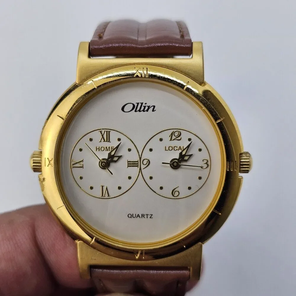 Ollin Dual Time Women's Watch 38MM White Dial Brown‎ Leather Bands New Batteries