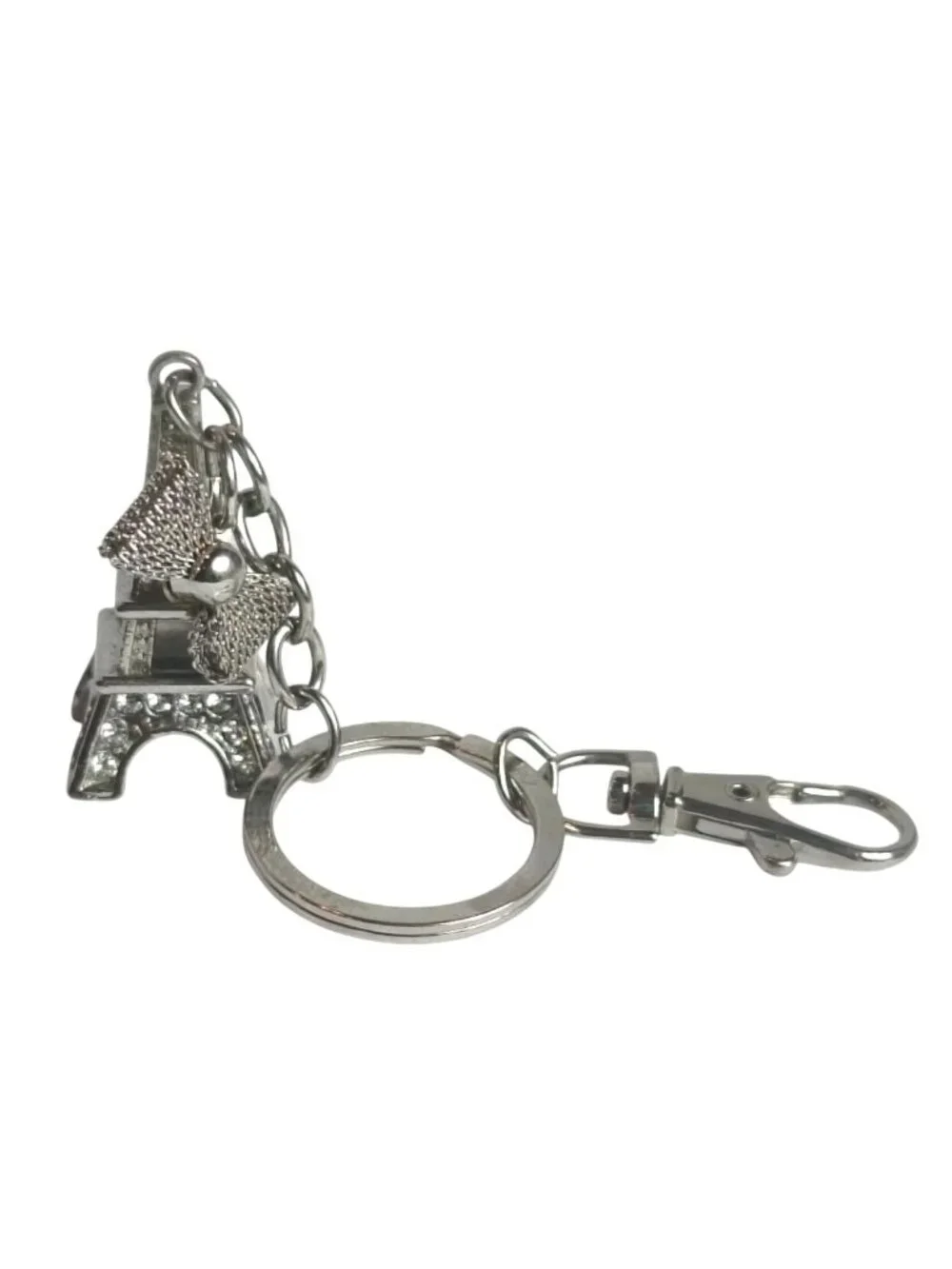 Eiffel Tower Paris Keychain Bow Charm Silver Rhinestone Elegant Parisian Accesso