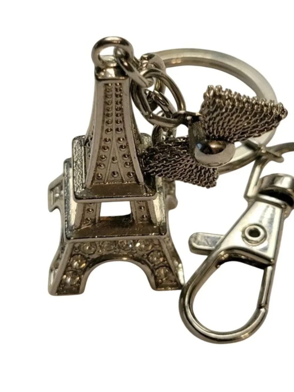Eiffel Tower Paris Keychain Bow Charm Silver Rhinestone Elegant Parisian Accesso