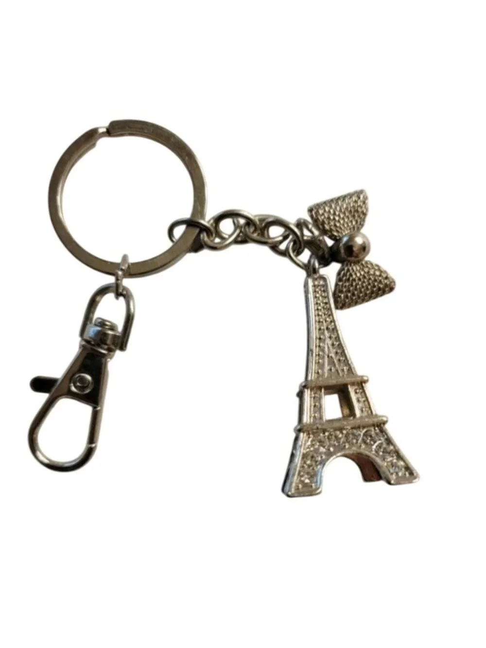 Eiffel Tower Paris Keychain Bow Charm Silver Rhinestone Elegant Parisian Accesso