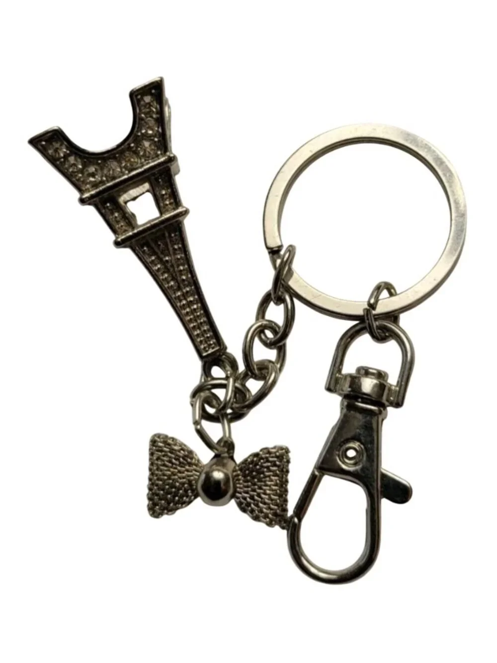 Eiffel Tower Paris Keychain Bow Charm Silver Rhinestone Elegant Parisian Accesso