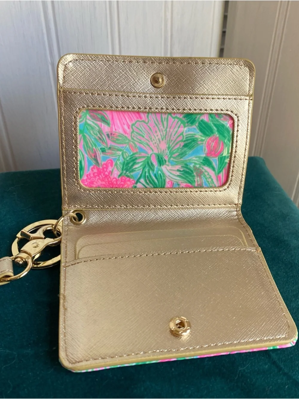 Lilly Pulitzer Pink & Green Floral Card Holder with Gold Strap