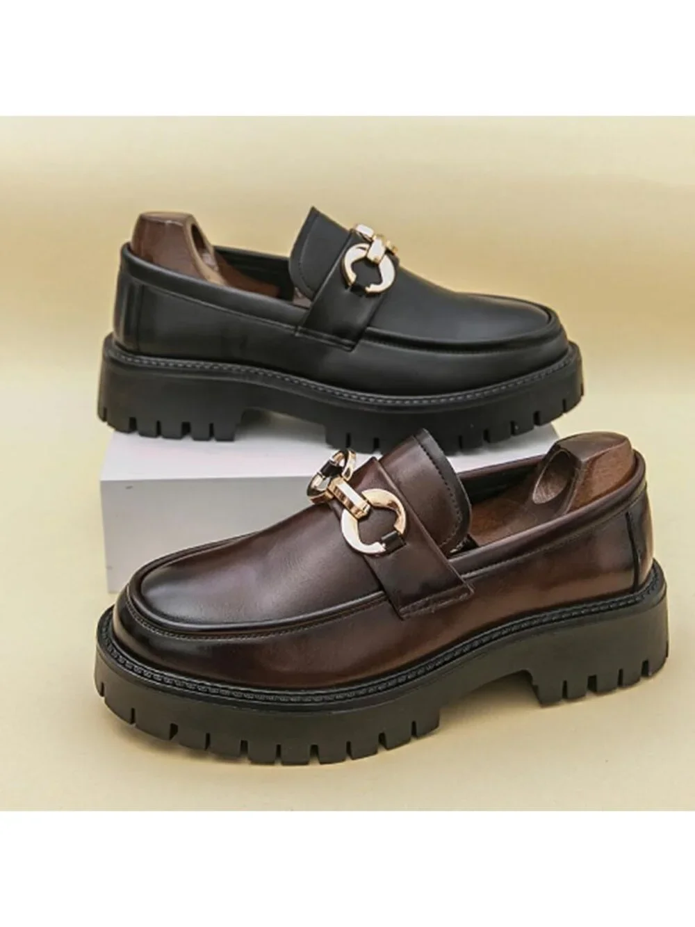 Stylish Black & White Chunky Platform Loafers | Slip-On Dress Shoes, Sizes