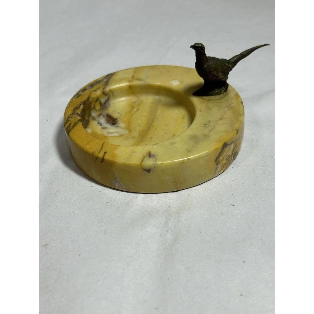 Vintage Art Deco Brass Pheasant Marble Figural Ashtray Trinket Dish Lodge Cabin