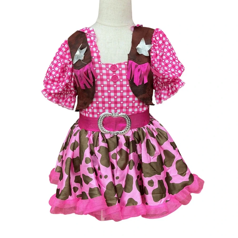 Cowgirl Costume Dress 3T-4T Pink Gingham Cow Print Western Rodeo Toy Story