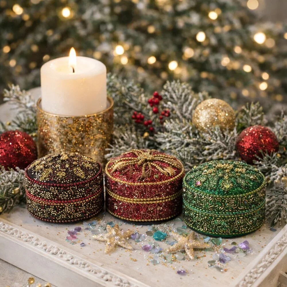 Pier 1 Mini Jeweled Christmas Mini Boxes Set of 3 NWOT