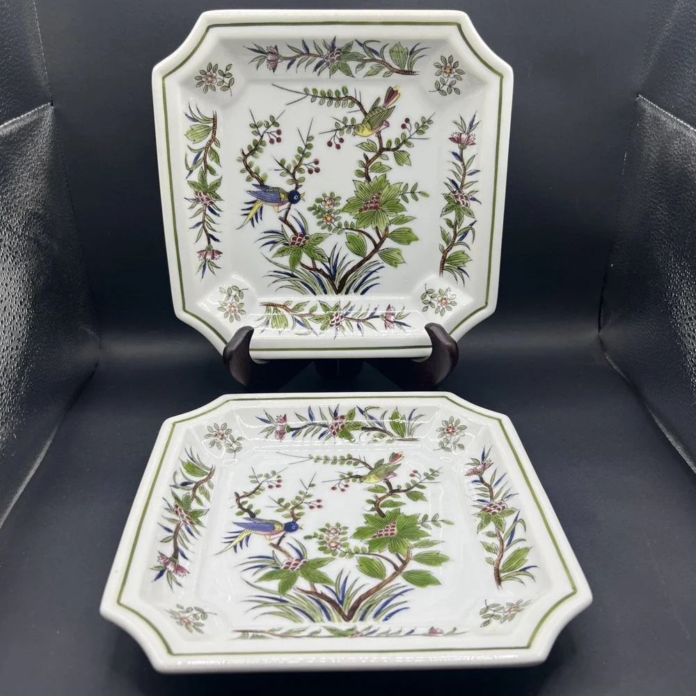 Pair Vintage Sanford Japan Porcelain Square Plates 1666 Birds Flowers Dish