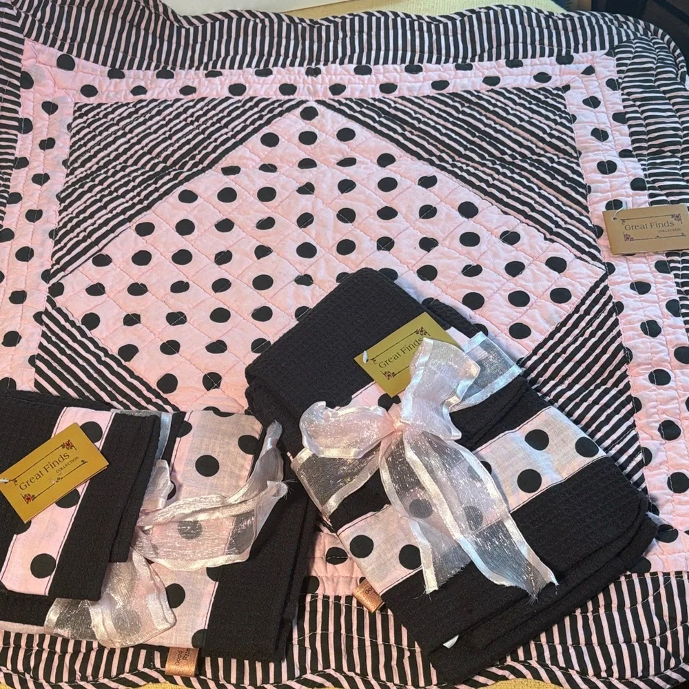 Pink & Black Polka Dot Table Square & Dish Towel Set by Great Finds NWT