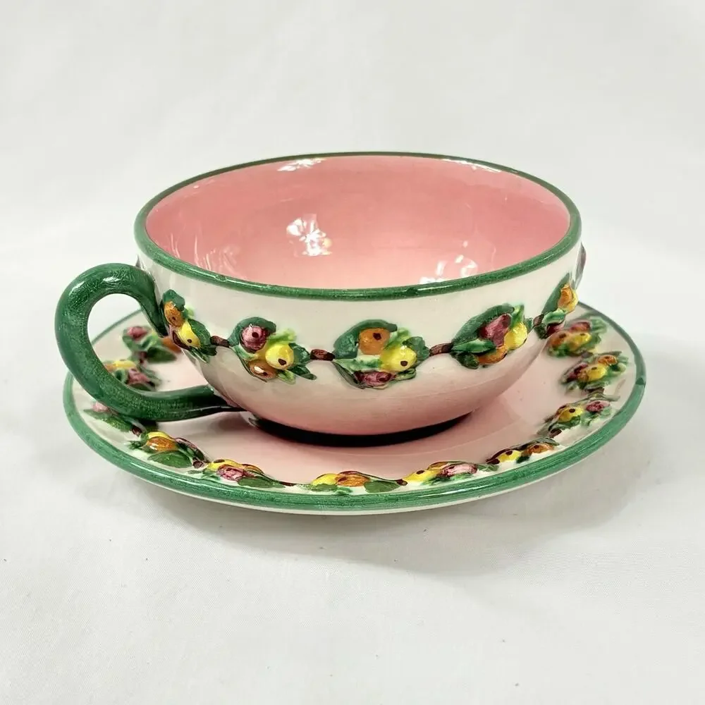 Vtg Italian Majolica Tea Cup & Saucer Pink Fruit Relief Pears Berries Italy 5233