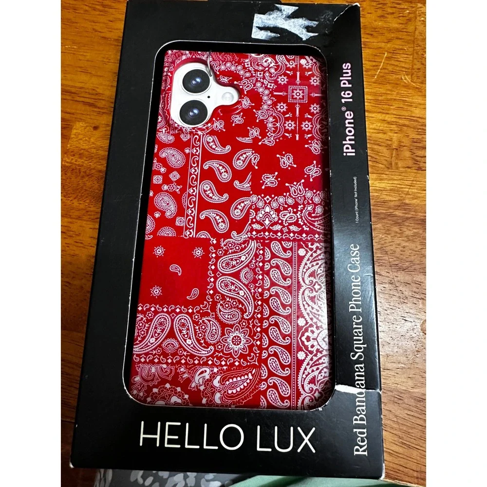 Hello Lux Red Bandana Square Phone Case iPhone 16 Plus MagSafe TPU Paisley Red